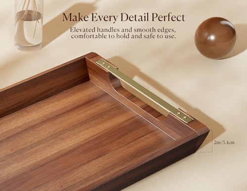 Acacia Wood Serving Tray with Metal Handles, 17x13in Large Ottoman Tray, Food Drinks Tray for Coffee Table, Breakfast, Dinner & Bar, Rustic Decorative Tray for Kitchen, Bedroom Gift Box | Perfect for Breakfast, Drinks, Decor, Appetizers and Snacks, Ideal