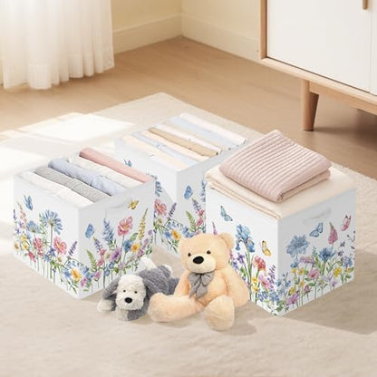 Clastyle 11.8" Flower Storage Basket Set of 3 for Kid Women Toy Clothes Bin | Collapsible Fabric Book Bin, Metal Frame Bottom Board, Cube Organizer, Closet Nursery Pantry Shelf Bedroom, Blue WildPlant - color: Blue Flowers