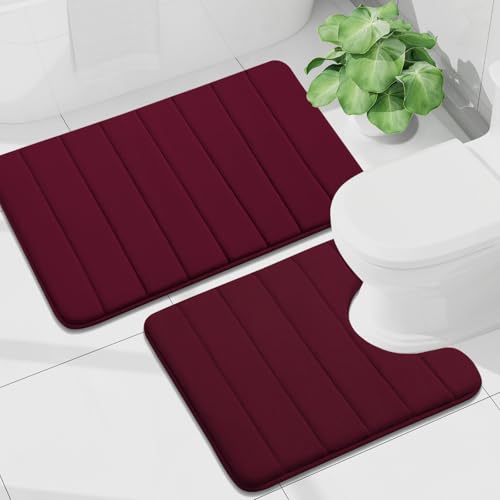Buganda Memory Foam U-Shaped Toilet Rug Bath Mat Sets 2 Piece, 30x20+24x20 | Burgundy, Bathroom Mat and Contoured Toilet Rug, Machine Wash Dry, Soft Absorbent Bath Rug for Bathroom, Shower and Tub - color: Burgundy, size: 30" X 20"+24" X 20"