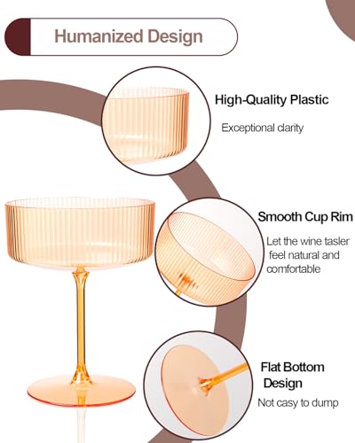 Ciaell 12 Pack Amber Plastic Martini Glasses for Bars Parties | 10 oz Amber Ribbed Coupe Cups, Heavy Duty Plastic, Cocktails Whiskey Margaritas Wine for Weddings Outdoor Gatherings Brunch - color: Amber