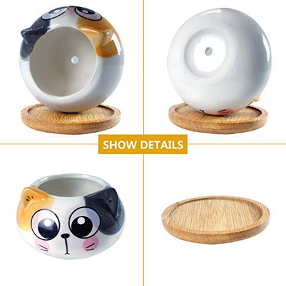 3.6Inch Cat Pot for Plant, Cat Planter Succulent Pot with Drainage Set of 6 | Tiny Animal Planter, Small Ceramic Air Plant Cat Flower Pots, Cactus Planters Containers with Bamboo Tray - color: Sitting Cats 6pcs
