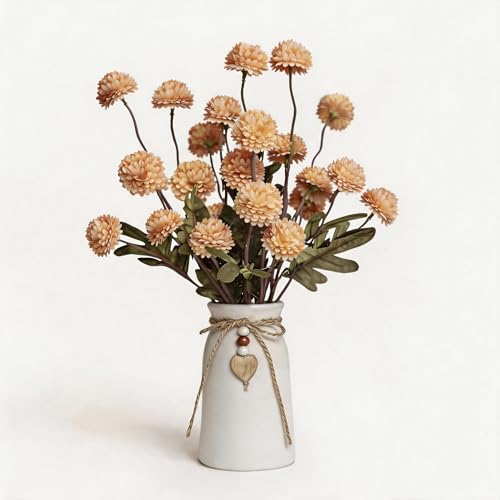 Artificial Chrysanthemum Flower Arrangement in Rustic Ceramic Vase with Heart Charm, 25 Heads Faux Pompon Mum Bouquet, 15'' Farmhouse Table Centerpiece for Dining Table, Home Décor, Yellow - color: Yellow