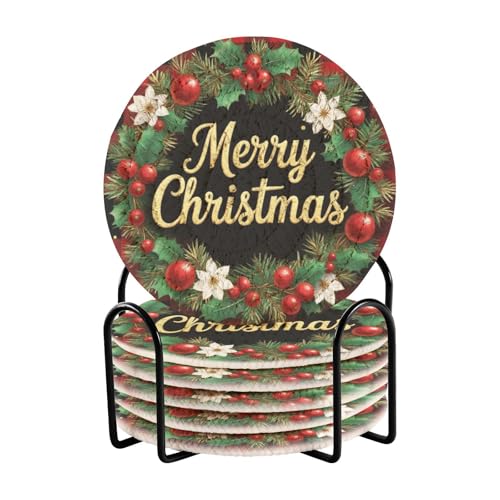 Caikeny 6 Pcs Drink Coasters with Metal Holder Merry Christmas Checked Golden Snowflakes Flowers Absorbent Coasters Decorative Woven Coaster Set for Coffee Table - color: Multi 10k1.43