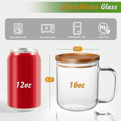 DRASTAR Glass Coffee Mugs,Clear Coffee Cups, Coffee Mug with Acacia Wood Lid, Tea Glass Cups with Handles, Large Coffee Mug Set of 2, Glass Coffee Cups for Latte, Espresso, Tea (2, 16 oz) - size: 16 oz