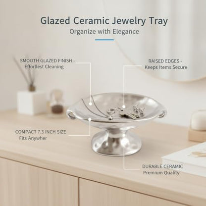 Glazed Ceramic Jewelry Tray for Vanity, Dresser, or Entryway Organization - Silver
