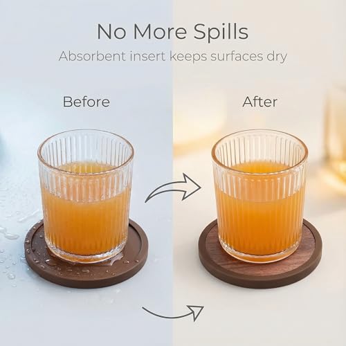 Absorbent Coasters for Drinks with Holder - 6packs, Silicone Coaster with Soft Felt Insert (4.3 inch Coasters with 4.5 inch Holder, Wooden Style) - color: Wooden Style