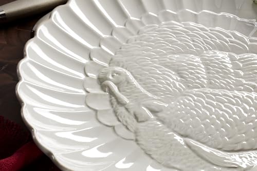 Lenox French Perle White Stoneware Turkey Thanksgiving Serving Platter | Dishwasher safe, microwave safe, carved design | serving dish, holiday hosting centerpiece | 1.75 in, Christmas kitchen decor - style: Casual