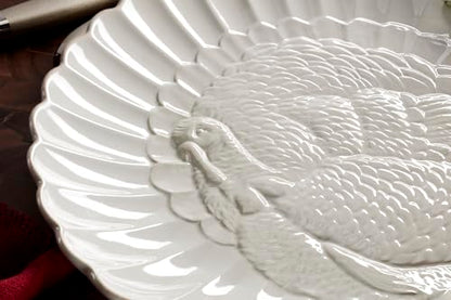 Lenox French Perle White Stoneware Turkey Thanksgiving Serving Platter | Dishwasher safe, microwave safe, carved design | serving dish, holiday hosting centerpiece | 1.75 in, Christmas kitchen decor - style: Casual