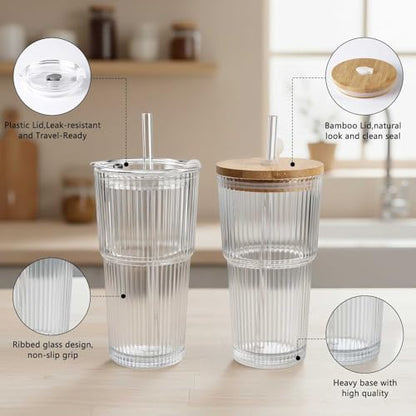 Ruckae 20oz Ribbed Glass Tumbler with Lids and Straws – 2 Pack Leak Proof Iced Coffee Cup– Aesthetic Glass Cups with Bamboo Lids for Home,Office,Travel and Gifts (2, Transparent) - color: Transparent with Stripe, size: 20oz-2pack
