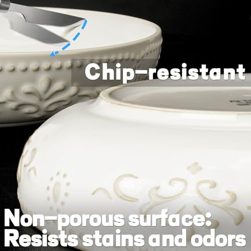 Pasta Bowls, 50oz Large Salad Serving Bowls, 9.75'' Plates Bowl Set of 4, Big White Ceramic Soup Bowl for Kitchen, Embossment Shallow Dinner Bowl, Microwave Dishwasher Safe, Damask Floral - color: White (Damask Floral)