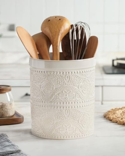 Kitchen Utensil Holder, 7.2" Super Large Utensil Crock Heavy and Stable Lace Emboss Ceramic Utensil Holder for Kitchen Counter (Lace Emboss) - color: Antique White