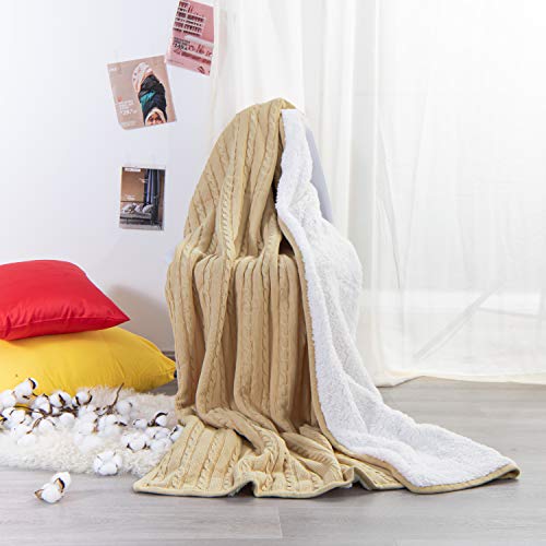 NTBAY Twin Cotton Cable Knit Sherpa Blanket, 60 x 80, Khaki | Cotton Cable Knit Front with Warm Sherpa Reverse, 60 x 80 Inch Twin Blanket for Bed, Sofa, and Cold-Weather Layering - color: Khaki