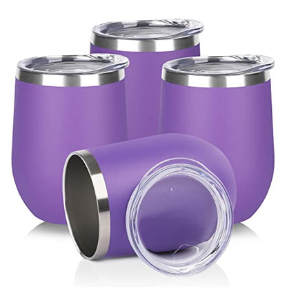 DOMICARE Stainless Steel Wine Tumbler Bulk with Lid, Personalized Insulated Tumblers Set, 12oz Travel Coffee Cups Pack of 4, Purple - color: Purple, size: 4 Count (Pack of 1)