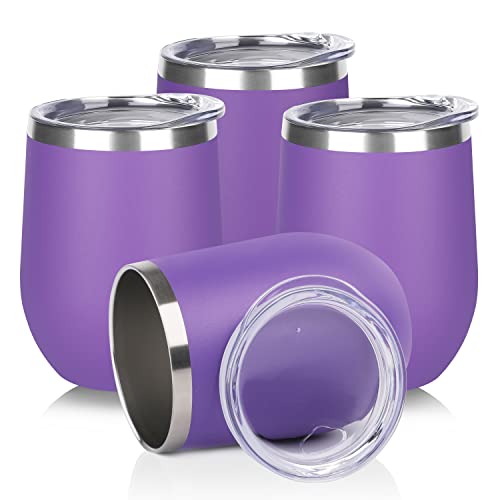 DOMICARE Stainless Steel Wine Tumbler Bulk with Lid, Personalized Insulated Tumblers Set, 12oz Travel Coffee Cups Pack of 4, Purple - color: Purple, size: 4 Count (Pack of 1)