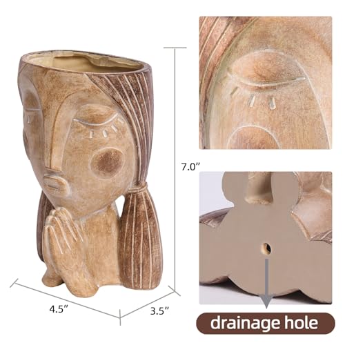Saysmile Face Planter Pots with Drainage Hole, Resin Head Planters for Indoor Plants Flower Plant Pots Succulent Pot, Cute Girl Face Planter Gifts for Lover-Praying - color: Praying - Rustic