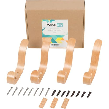 Plywood Wall Hooks Set of 4 Wood Coat Rack Hanging Clothes Hats Robes Towels (Birch) - color: Maple