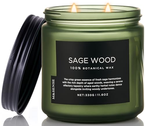 M&SENSE Sage Wood Scented Candles, 11.6oz 70 Hours All Natural Soy Wax | Clean Non Toxic, Slow Burning, Fresh Scent for Relaxing & Stress Relief, Fragrance Gifts for Home Cleasing - color: Green Sage Wood, size: Medium Jar