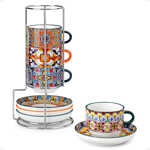 vancasso 8 Oz Espresso Cup Set of 4, Bohemian Ceramic with Stand | Microwave and Dishwasher Safe, Easy Clean, For Cappuccino, Tea, Latte, Espresso, Stackable Design with Handle - size: 8 Oz
