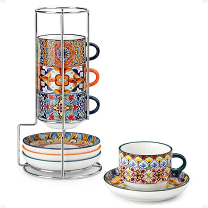 vancasso 8 Oz Espresso Cup Set of 4, Bohemian Ceramic with Stand | Microwave and Dishwasher Safe, Easy Clean, For Cappuccino, Tea, Latte, Espresso, Stackable Design with Handle - size: 8 Oz