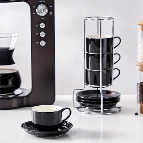 2.5oz Espresso Cups Set of 4, Small Stackable Coffee Cups with Saucers and Metal Stand, Ceramic Demitasse Cups, Cappuccino Cups for Coffee Drinks, Latte, Black - color: Black, size: 2.5oz