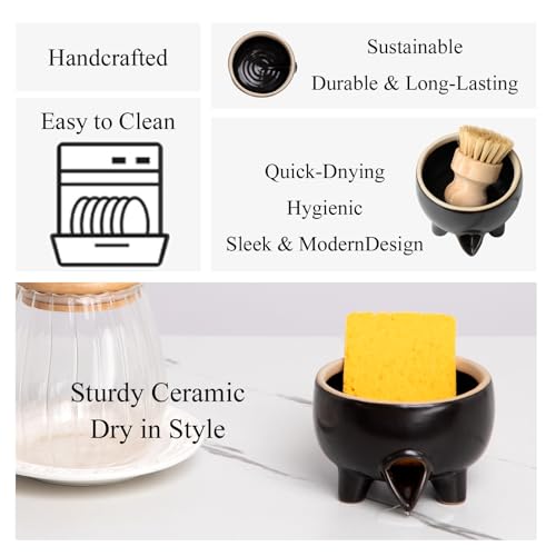 Ceramic Sponge Holder with Drainage, Black Sink Caddy Organizer | Self-Draining Kitchen Versatile Holder for Sponges, Brushes & Bar Soap, Scrubber , Quick-Dry Design, Keeps Countertop Dry