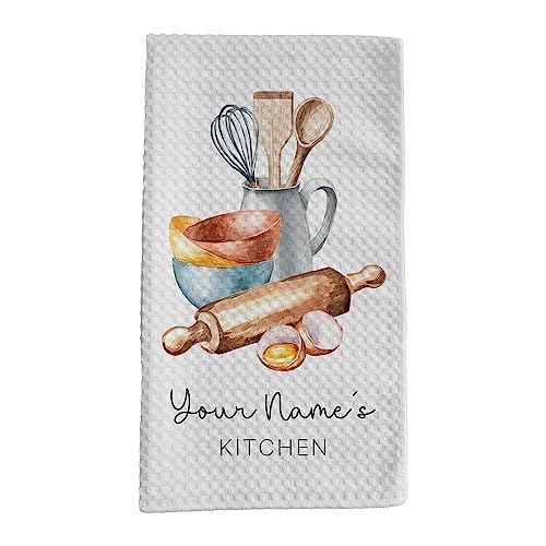 Personalized Kitchen Towel | Custom Tea Towel | Watercolor Utensil Dish Towel | Kitchen Decor | Hand Towel Gift Set | Waffle Weave Dishcloth (Just 1 Towel, Design 2) - size: Just 1 Towel, style: Design 2