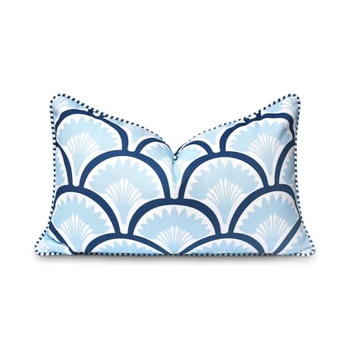 Hofdeco Premium Coastal Patio Indoor Outdoor Lumbar Pillow Cover Only, 12"x20" Water Repellent for Backyard, Couch, Baby Blue Navy Print Tropical Ravenala Palm Tree - color: Baby Blue Navy Tropical Ravenala Palm Tree 12"x20"