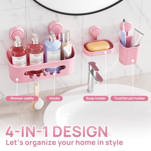 Shower Caddy Suction Cup Set Shower Organizer & Soap Holder, Pink | Toothbrush Holder, Bathroom Shelf Basket NO-Drilling, Removable Suction Storage, Waterproof Bathroom Caddy - color: 3 X Pink