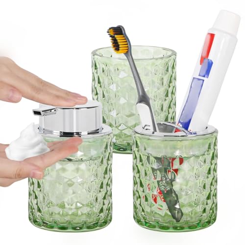 Bathroom Accessories Set, 3pcs Green Glass Bathroom Accessory Set,Toothbrush Holder, Foaming Soap Dispenser and Tumbler, Silver Bathroom Decor Sets for Organizer, Home Apartment Gift - color: Green and Silver