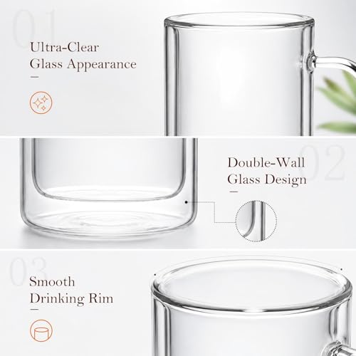 4PCS 12OZ Double Walled Glass Coffee Mugs, 350ml Borosilicate Glass Coffee Cups Insulated Coffee Mug with Handle Clear Heat Resistant Hot/Cold Beverages Dishwasher Safe Cappuccino Tea Latte