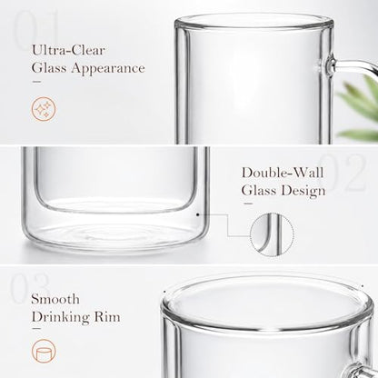 4PCS 12OZ Double Walled Glass Coffee Mugs, 350ml Borosilicate Glass Coffee Cups Insulated Coffee Mug with Handle Clear Heat Resistant Hot/Cold Beverages Dishwasher Safe Cappuccino Tea Latte