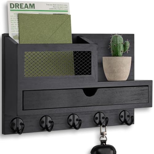 Key Holder Wall Mount, Key Holder for Wall with 5 Key Hooks and Storage Drawer Mail Organizer for Entryway Living Room Farmhouse Home Decor - color: Black