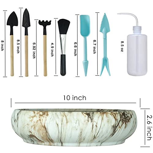 ARTKETTY Succulent Pots with Drainage, 10 Inch Ceramic Bonsai Pots | Large Plant Pots with 2.2lb Mix Pebbles, Planting Tools Set for Beginner, Shallow Pots for Indoor Cactus Flower Plants - color: Brown With Tools