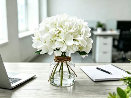 Sumery Hydrangea Artificial Flowers with Vase White Silk Fake Flowers Arrangements in Glass Vase with Faux Water for Home Decor, Wedding, Bathroom, Shelf Decorations, Coffee Table (1, White, 11.8in)