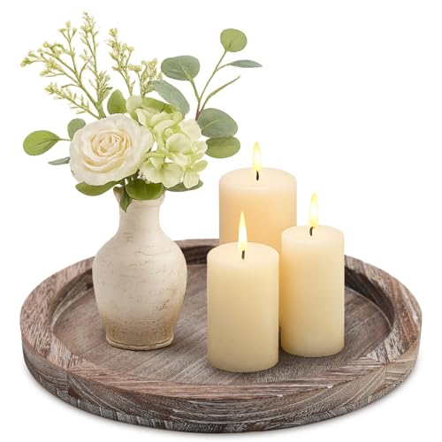 Round Wood Trays Home Decor Farmhouse Coffee Table Centerpieces Decorative | Circle Small Wooden Candle Holder Rustic Living Room Dining Table Decorations Boho Kitchen Bathroom Counter Dresser Tray - color: Washedwhite, size: 11"
