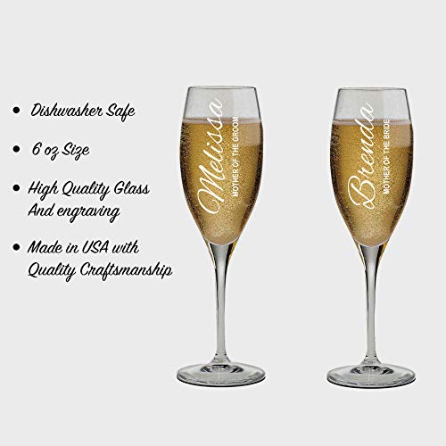 Set of 2 Personalized Wedding Champagne Flutes- Mother of the Bride and Groom Design - Engraved Champagne Glasses for Mother - Flutes for Wedding - color: Wedding-16, style: Only Glasses