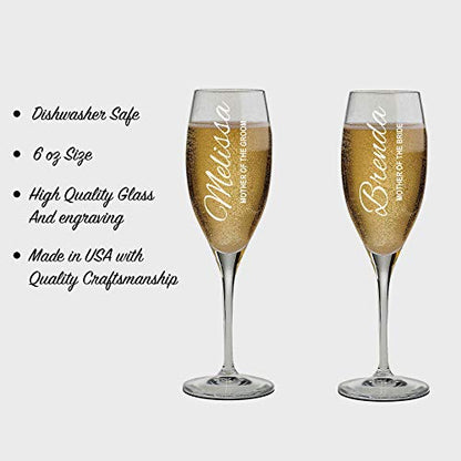 Set of 2 Personalized Wedding Champagne Flutes- Mother of the Bride and Groom Design - Engraved Champagne Glasses for Mother - Flutes for Wedding - color: Wedding-16, style: Only Glasses