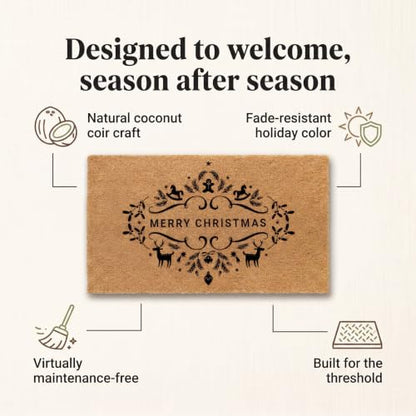 Merry Christmas Doormat | Natural Coconut Coir, Non-Slip | Outdoor Welcome Mat with Festive Holiday Design - color: Merry Christmas