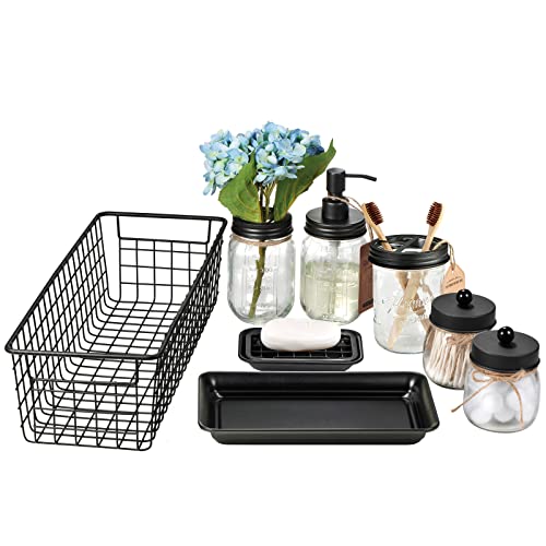 SheeChung 8PCS Mason Jar Bathroom Accessories Set Complete - Black | Includes Soap Dispenser, Toothbrush Holder, 2pcs Qtip Holders, Flower Vase, Soap Holder, Vanity Tray, Toilet Paper Storage - color: Black