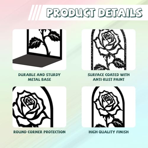 5.3"x4.3"x7.9" Metal Bookends, Heavy Duty Book Ends for Shelves | Rose Flower Theme Cast Iron Book Supports, 1 Pair Decor Stoppers for Desk, Library, Office & Home Shelves - style: Rose Flower