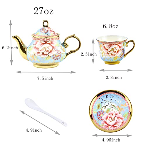 20 Pieces Porcelain Tea Set With Metal Holder, European Ceramic tea set for adults,Flower Tea Set,Tea Set For Women With Flower Painting(Large version, Light Blue)) - color: Light Blue