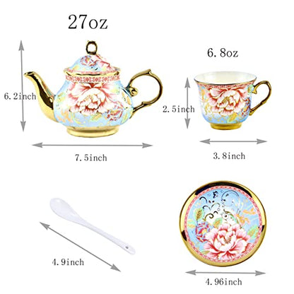 20 Pieces Porcelain Tea Set With Metal Holder, European Ceramic tea set for adults,Flower Tea Set,Tea Set For Women With Flower Painting(Large version, Light Blue)) - color: Light Blue
