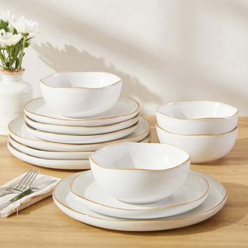 Dinnerware Set for 4, Ceramic Dish Set, Plate and Bowl Set, Microwave & Dishwasher Safe Dishware Set, Chip & Scratch Resistant Dinner Sets, Irregular Edge Design, White - color: White, size: Set (12pcs)