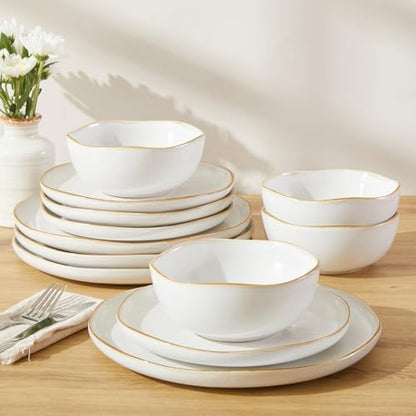 Dinnerware Set for 4, Ceramic Dish Set, Plate and Bowl Set, Microwave & Dishwasher Safe Dishware Set, Chip & Scratch Resistant Dinner Sets, Irregular Edge Design, White - color: White, size: Set (12pcs)
