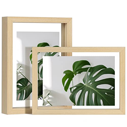 Egofine 5x7 Floating Frames Set of 2, Double Plexiglass Picture Frame, Made of Solid Wood Display Any Size Photo up to 5x7, Wall Mount or Tabletop Standing, Natural Wood - color: Natural Wood, size: 5x7