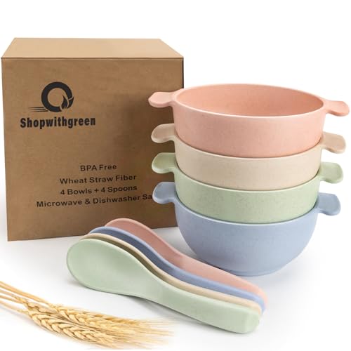 14 OZ Wheat Straw Cereal Bowls with 4 Spoons, Reusable Snack Bowls for Kitchen, Set of 4 Microwave and Dishwasher Safe for Soup, Oatmeal, Ramen, Camping, Kids, College Dorm Room, Coastal - color: Blush with Spoons, size: 14 OZ- 4 Pack