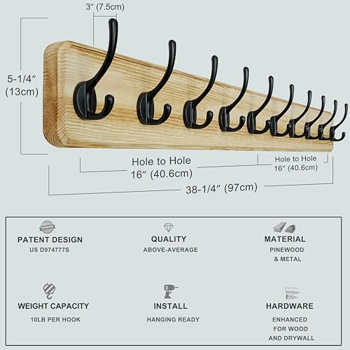 Coat Rack Wall: 38-1/4" Long, Patented, Heavy-Duty, 10-Double-Hooks Wooden Wall Mounted Coat Rack Coat Hanger Hook Rail for Winter Coats Hat Jacket Clothing, Light Brown - color: Light Brown & Black, size: L=38.3"(1pcs)