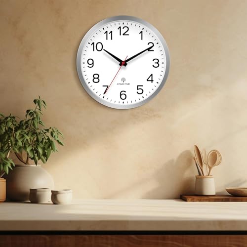 AKCISOT 12 Inch Wall Clock, Silent Battery Operated Analog Clock, Silver | Atomic | Office | Kitchen | Living Room | Classroom | Easy-to-read Numbers - color: Atomic_silver White, size: 12 Inch