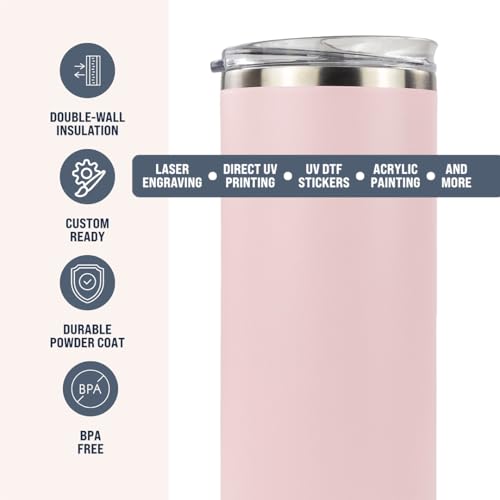 Hogg 20 oz Skinny - Light Pink, Powder Coated Tumblers for Laser Engraving, Engravable Tumblers Bulk, Stainless Steel Cups Bulk, Insulated Cups with Lids - color: Light Pink