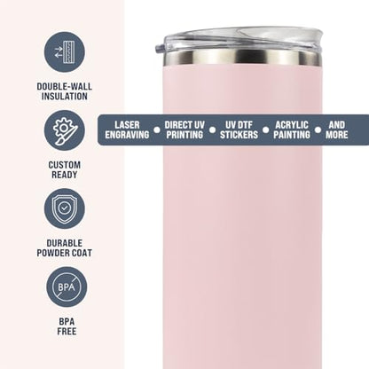 Hogg 20 oz Skinny - Light Pink, Powder Coated Tumblers for Laser Engraving, Engravable Tumblers Bulk, Stainless Steel Cups Bulk, Insulated Cups with Lids - color: Light Pink
